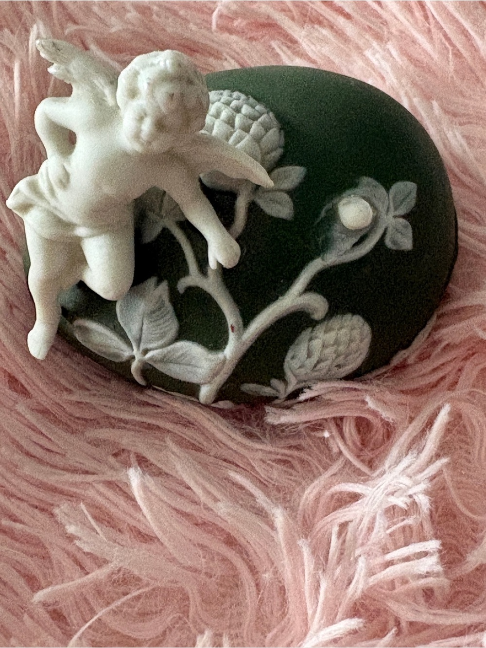 Vintage Green Jasperware Egg Trinket Box Cherub Cupid Bas Relief #5582